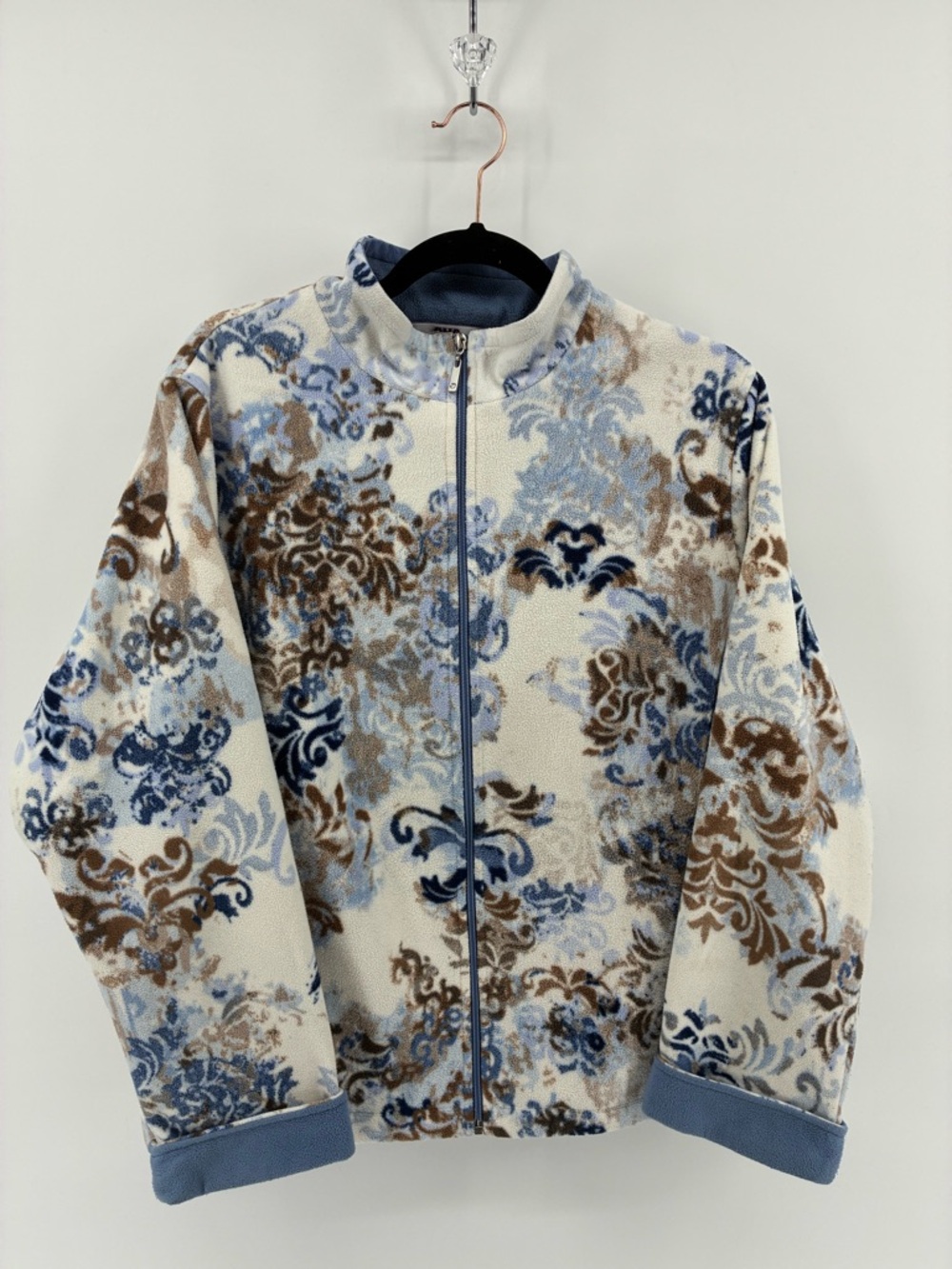Floral Scroll Zip-Up Fleece Jacket in Cream, Blue & Brown - Picture 2 of 10